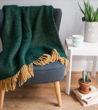 Load image into Gallery viewer, Herringbone Pure New Wool Throw - Emerald/Mustard