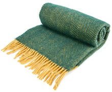 Load image into Gallery viewer, Herringbone Pure New Wool Throw - Emerald/Mustard
