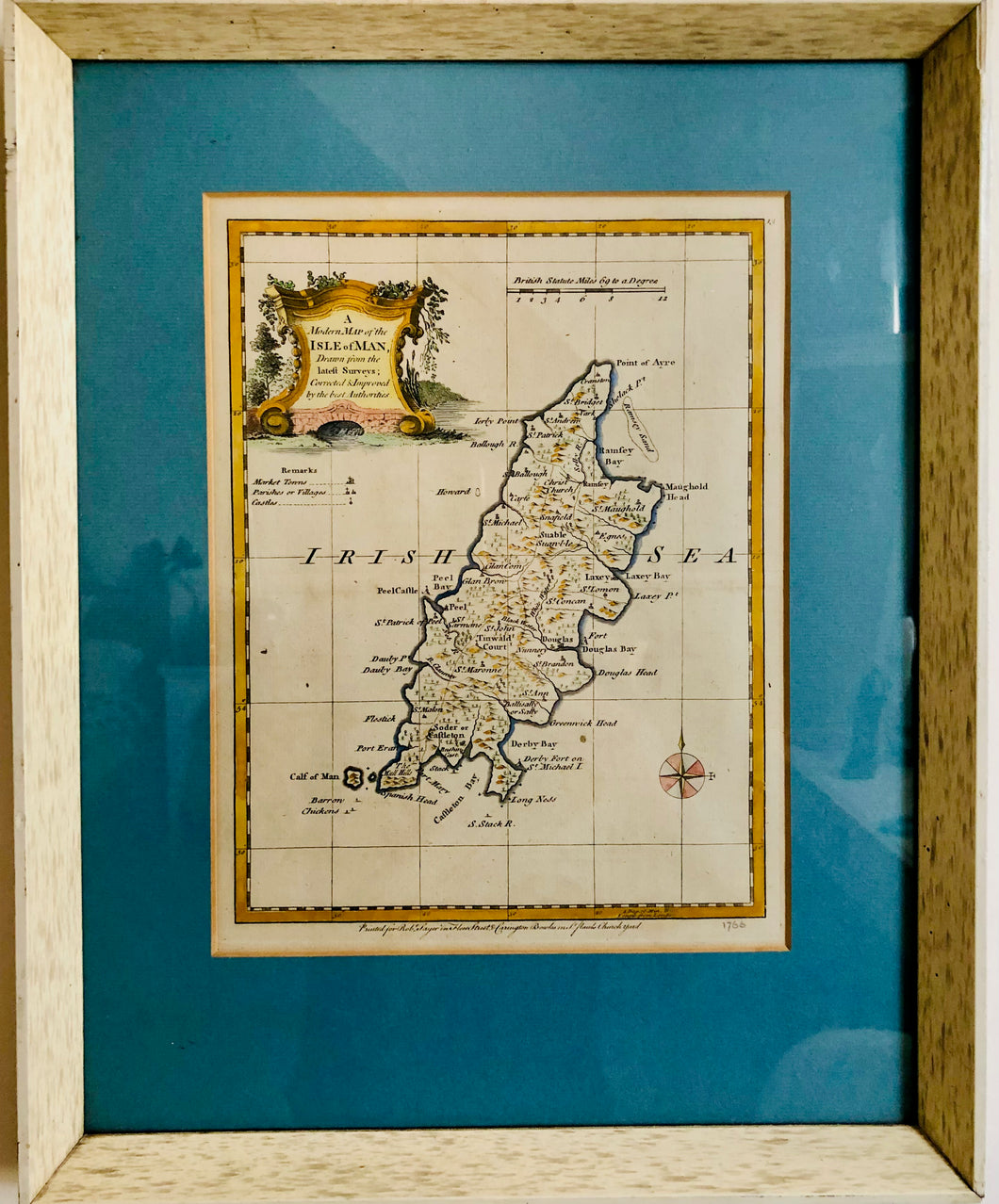 Antique Coloured Map of Isle of Man, framed and glazed, 1766